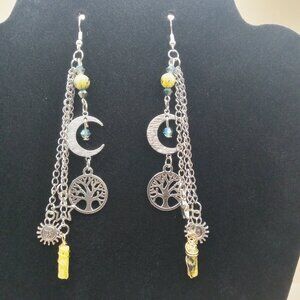 Cycles of Life Crescent Moon and Tree of Life Yellow Turquoise Dangle Earrings